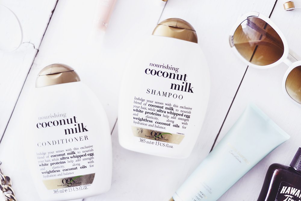 OGX Coconut Milk Shampoo & Conditioner, Hawaiian Tropic Protective Dry Spray Oil & Panos Emporio Cocosun