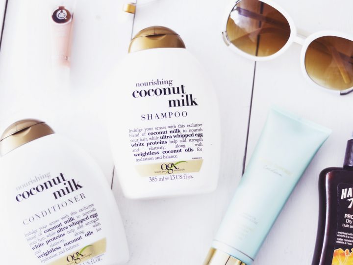 OGX Coconut Milk Shampoo & Conditioner, Hawaiian Tropic Protective Dry Spray Oil & Panos Emporio Cocosun