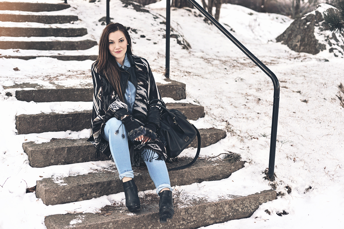 Double Denim & Poncho Outfit