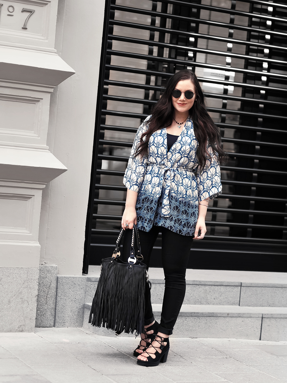 Blue kimono outfit + Fringe bag