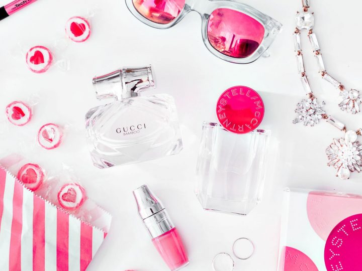 Flatlay with Gucci Bamboo Eau de Toilette & Stella McCartney Pop EdP, candy & jewelry