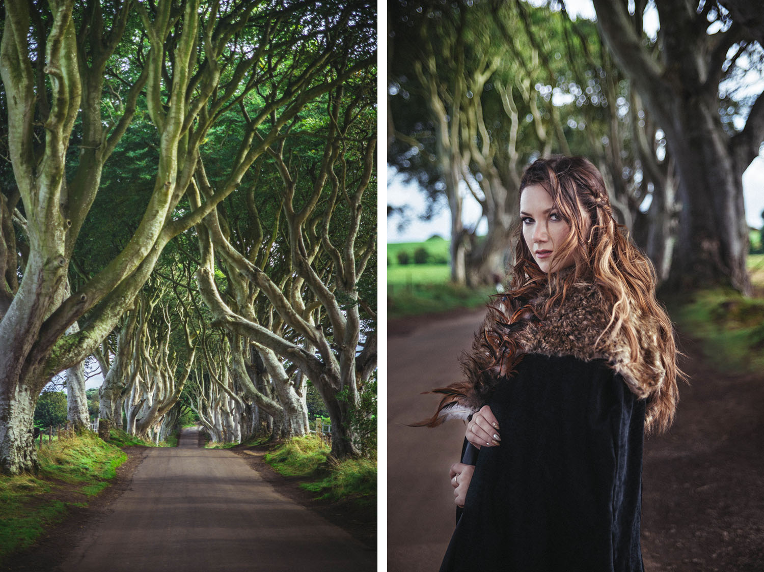 The Dark Hedges in Northern Ireland - Game of Thrones Filming Location The Kingsroad + woman with cape