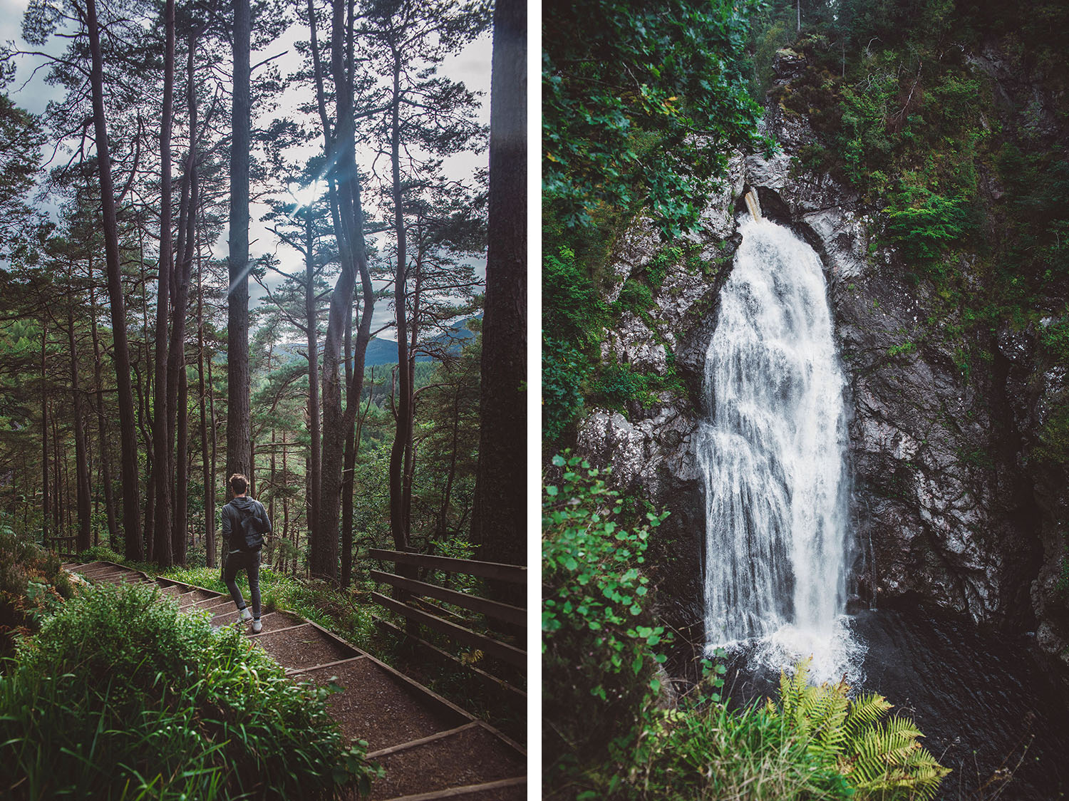 Man walking in the Scottish wood + Fall of Foyers