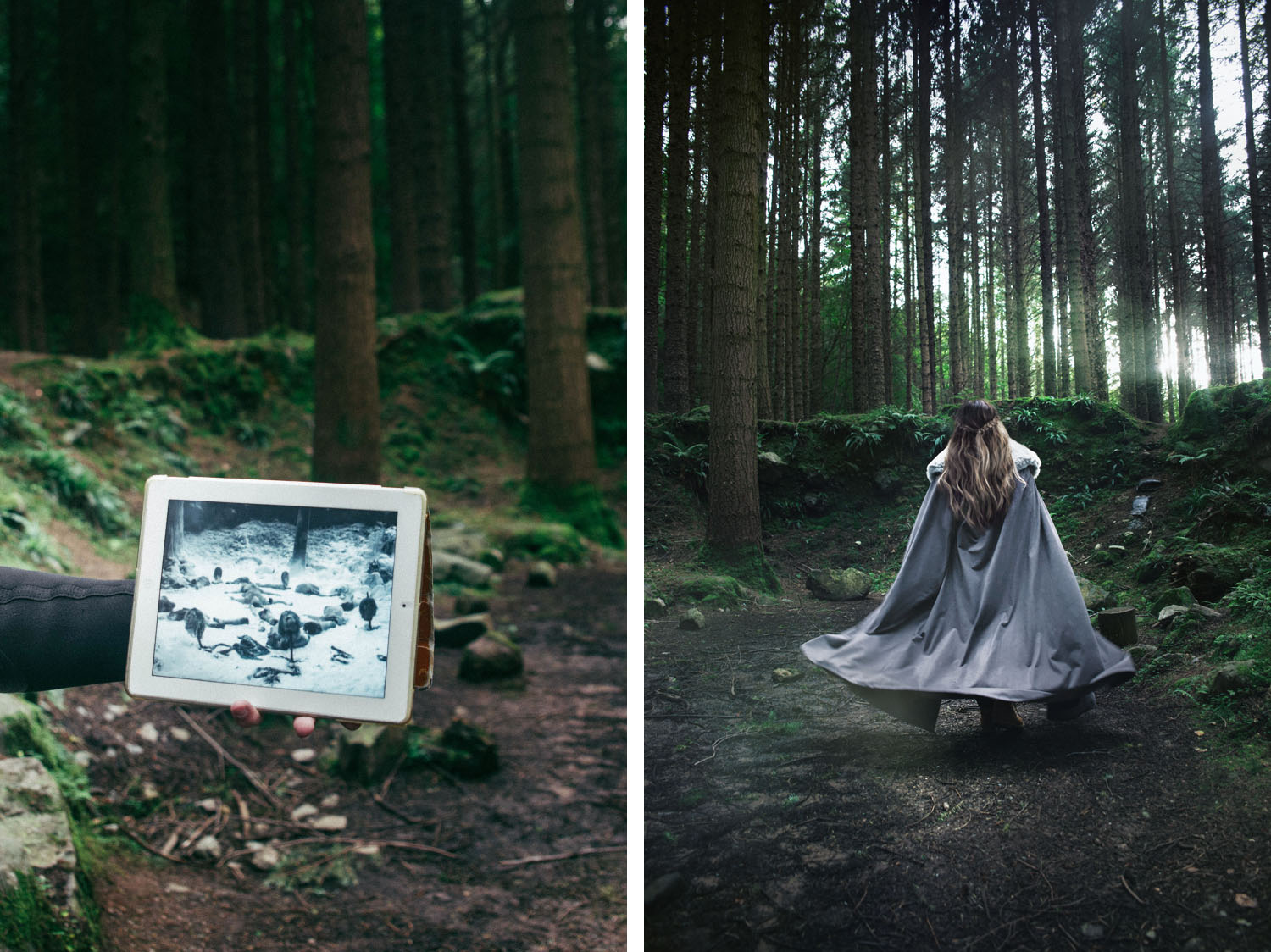 Discovering Game of Thrones Filming Location (The Haunted Forest) + girl with cape in Tollymore Forest Park