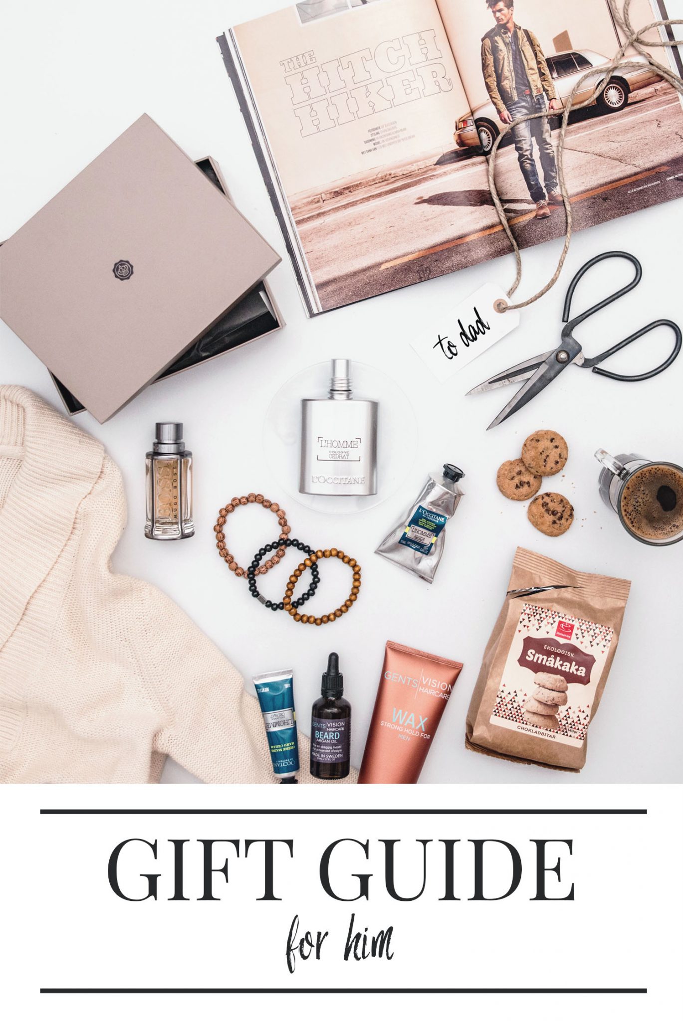 Flatlay with gifts for him / Presenttips till honom