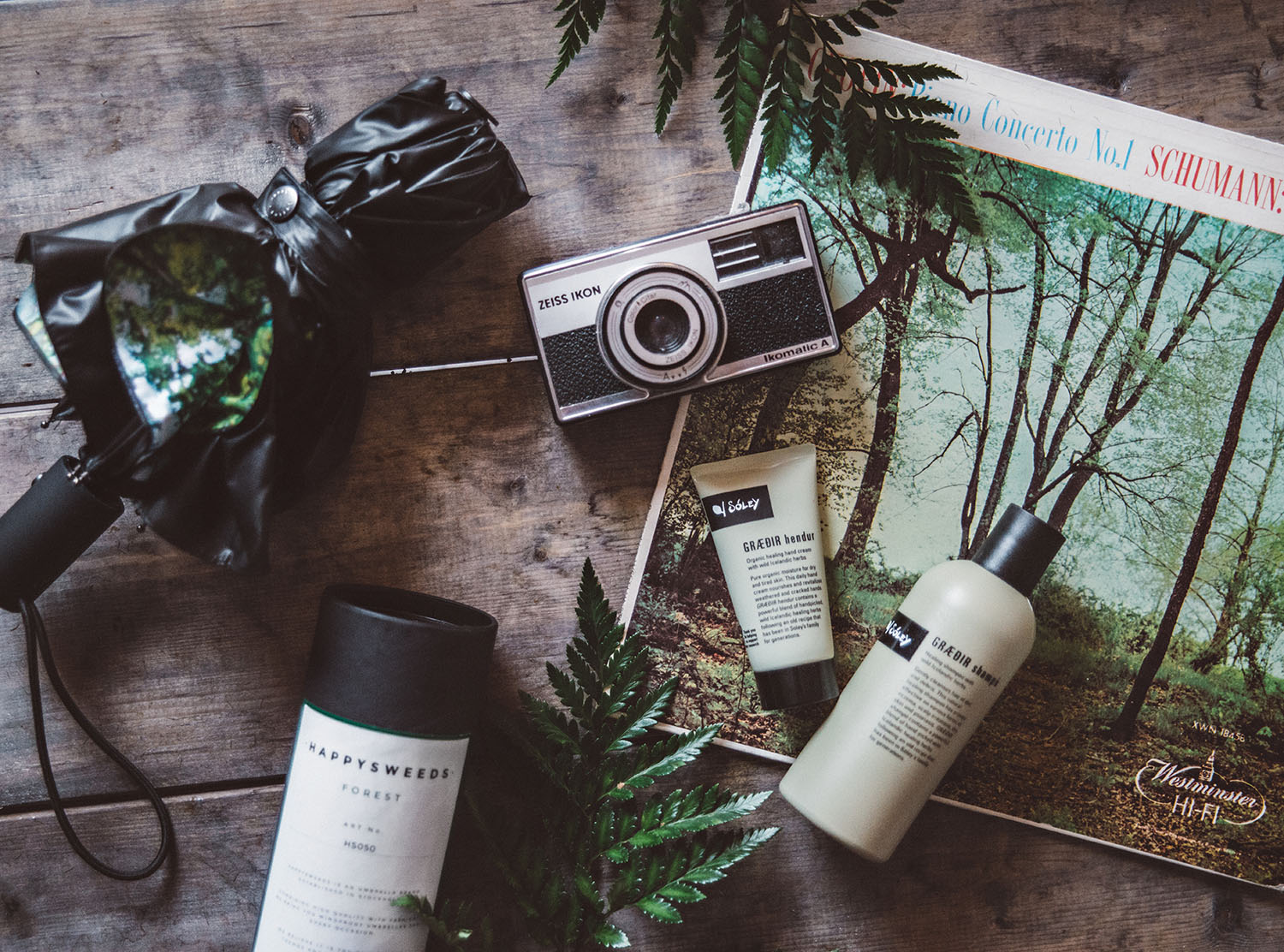 Flatlay with Happysweeds Forest Umbrella & Soley GRÆÐIR hendur & GRÆÐIR shampó