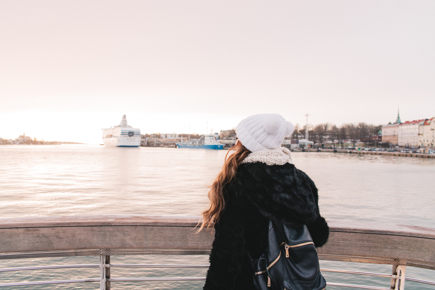 Woman with cute beanie on Ferry to Suomenlinna Sea Fortress