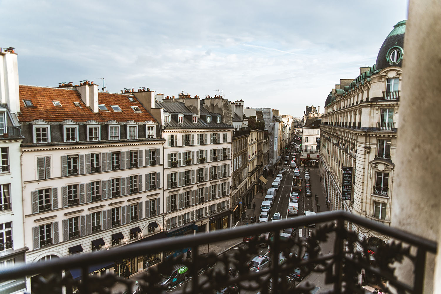 View from french balcony in Paris at Hotel Pont Royal