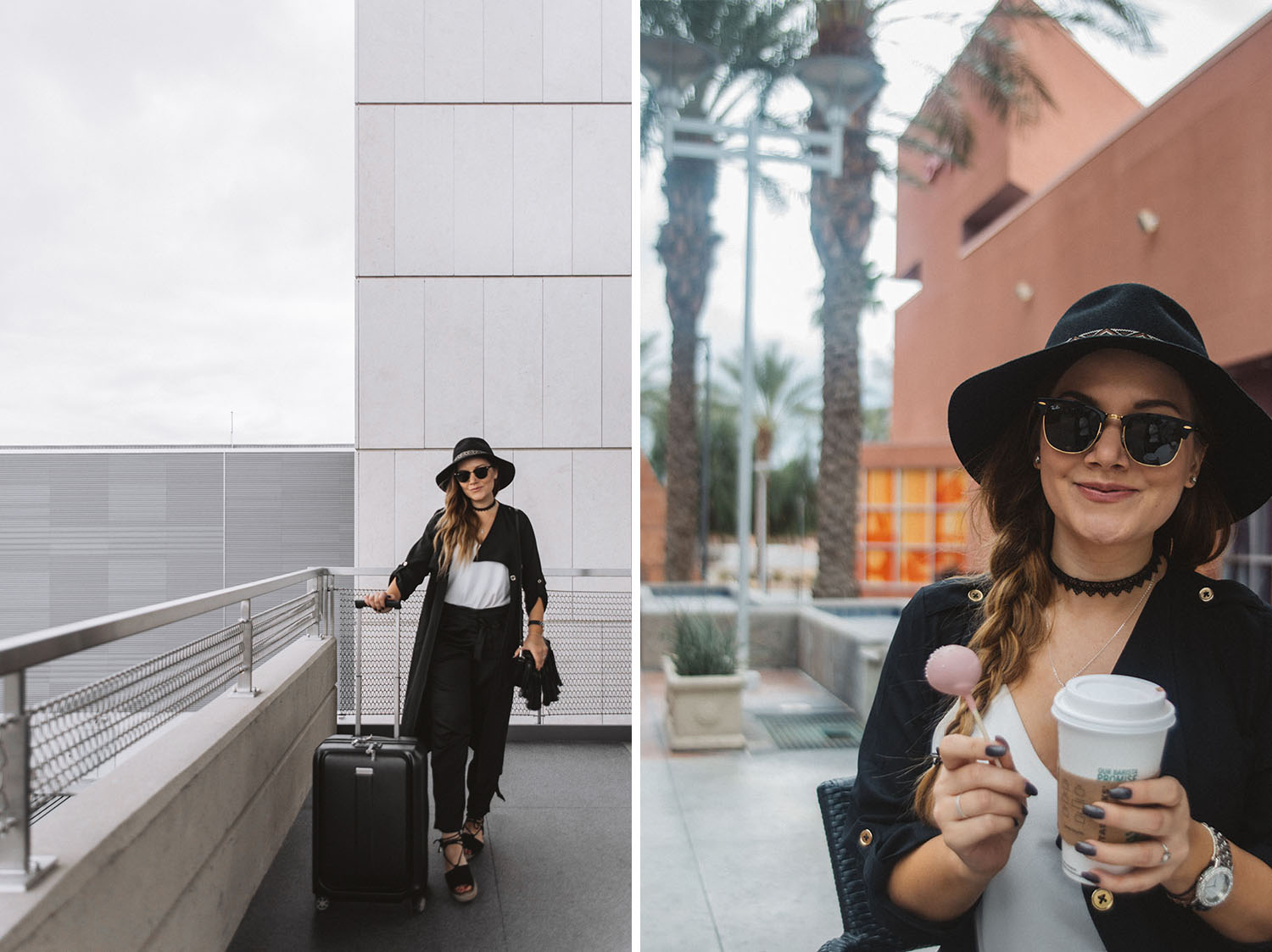 Travel in Style Outfit: Hat, Sunglasses & Black Cardigan