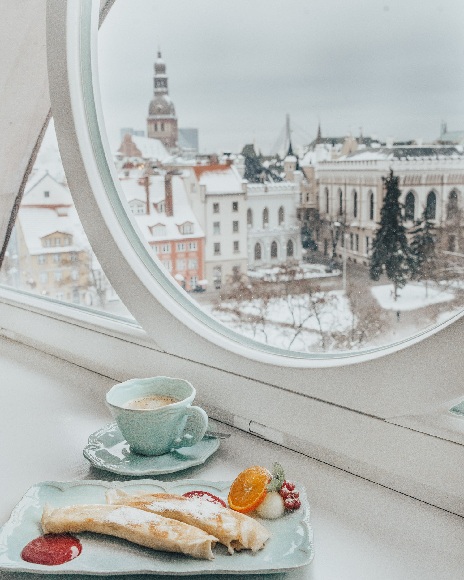 Banana pancakes for breakfast at Hotel Le Chevalier Relais, Riga