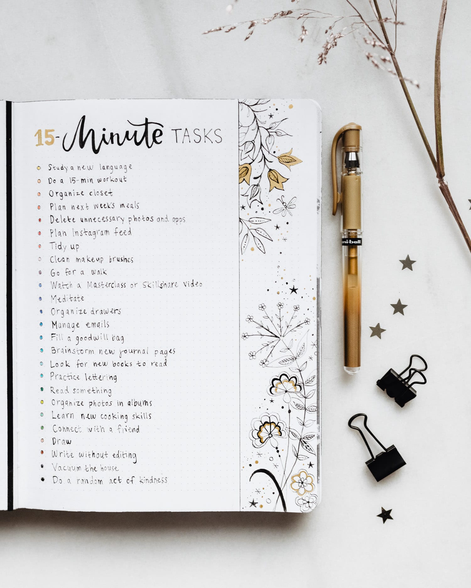 Bullet Journal Samlingsidé: 15-Minute Tasks