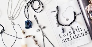 Marielle Designs Lyra hand jewelry & Titanium quarts crystal necklace -black hexagon
