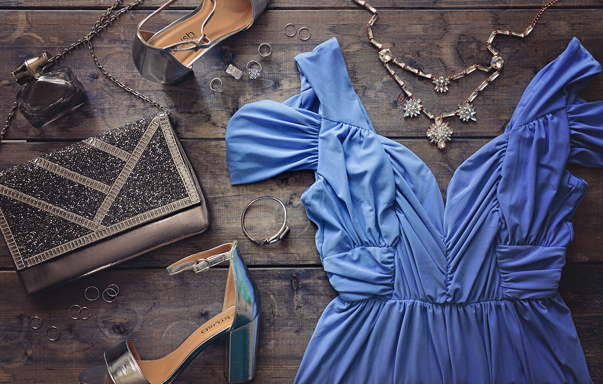 Blue bridesmaid dress & crystal necklace