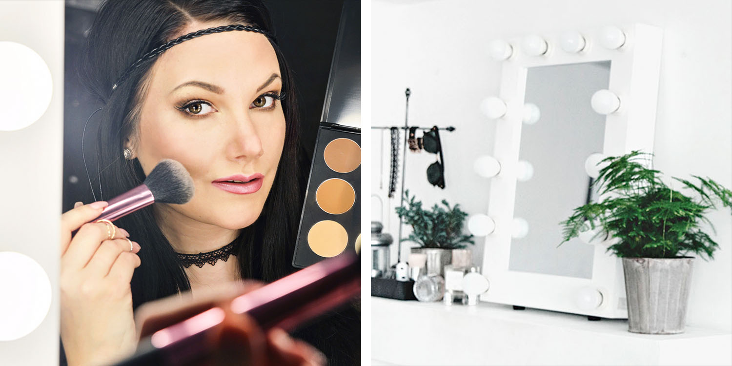 White Lighted Makeup Mirror & Woman in mirror doing her makeup