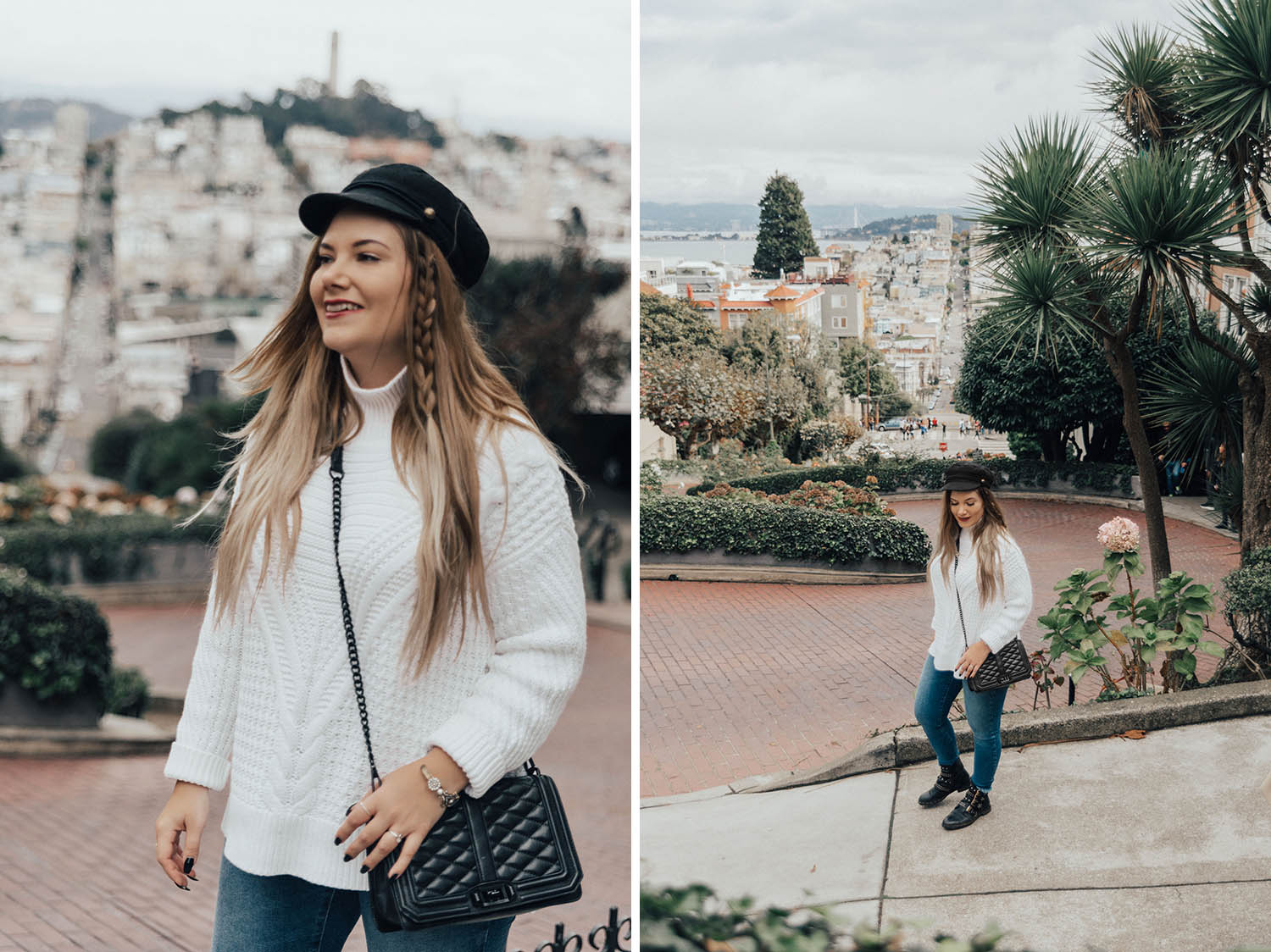 Cozy White Knitted Sweater Outfit + Jeans at Lombard Street, San Francisco